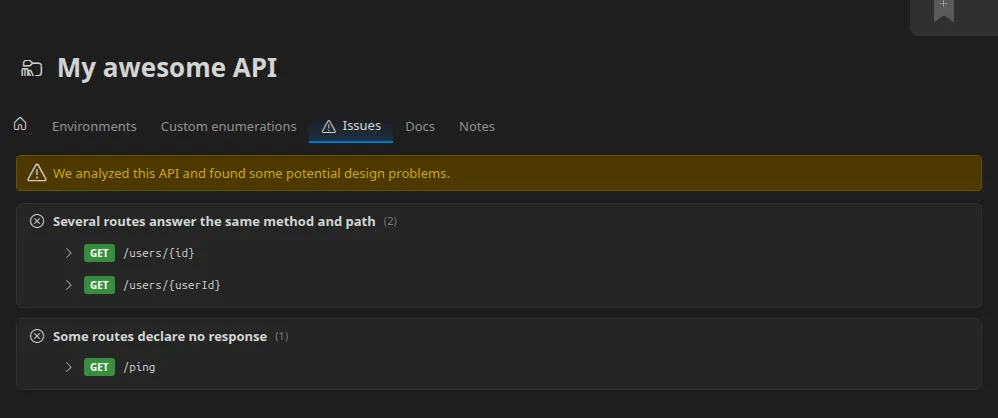 The Issues tab of an imported API's environment folder: a warning callout, then the problems grouped by type — "Several routes answer the same method and path", "Some routes declare no response", "Some routes sit on a path the design server reserves" — each listing the exact routes it affects, one expanded to show that route's documentation