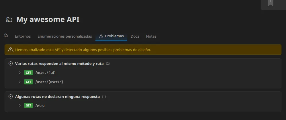 La pestaña «Problemas» de la carpeta de variables de una API importada: un aviso de advertencia y, a continuación, los problemas agrupados por tipo — «Varias rutas responden al mismo método y a la misma ruta», «Algunas rutas no declaran ninguna respuesta», «Algunas rutas están en una ruta que el servidor de diseño reserva» — cada uno enumerando las rutas exactas a las que afecta, una desplegada para mostrar la documentación de esa ruta