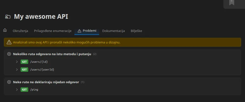 Kartica „Problemi“ mape okruženja uvezenog API-ja: upozorenje, zatim problemi grupirani po vrsti — „Nekoliko ruta odgovara na istu metodu i putanju“, „Neke rute ne deklariraju nikakav odgovor“, „Neke rute nalaze se na putanji koju rezervira poslužitelj dizajna“ — svaki navodi točne rute na koje utječe, jedna je proširena kako bi prikazala dokumentaciju te rute
