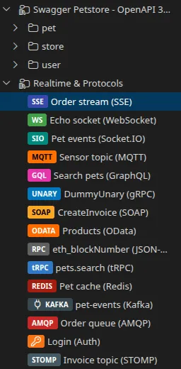 L'arbre latéral d'un projet mélangeant, dans un même dossier, des requêtes GraphQL, WebSocket, SSE, Redis, Kafka, AMQP, STOMP, gRPC, SOAP, OData, tRPC, JSON-RPC, MQTT et Socket.IO, à côté des dossiers d'opérations HTTP