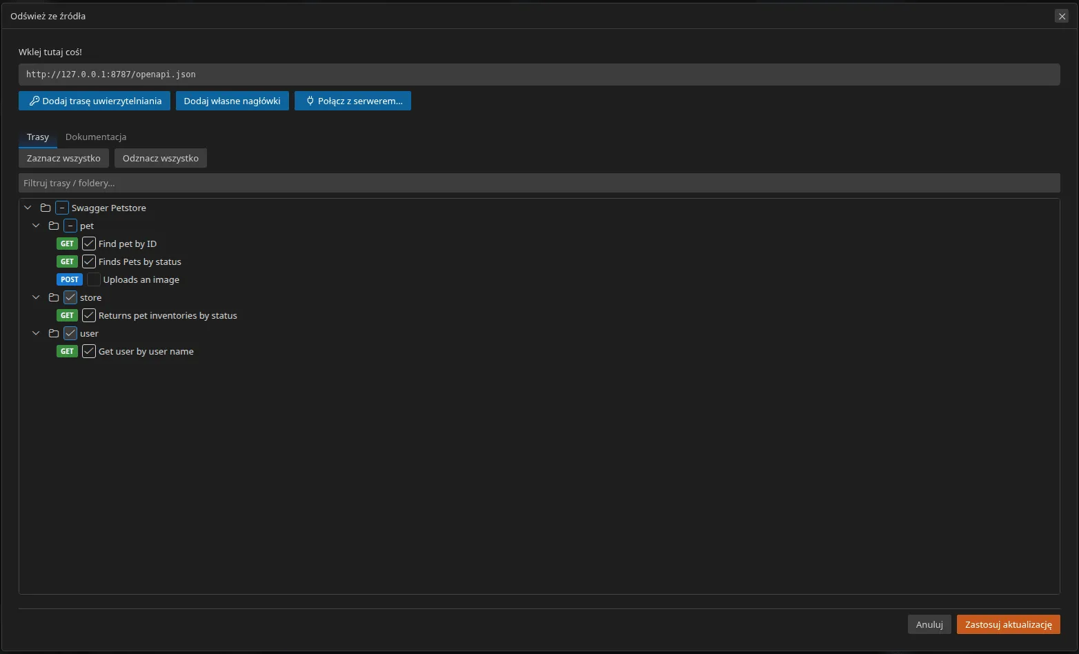Kreator ponownej synchronizacji na zakładce Routes: już istniejące operacje są zablokowane i zaznaczone, jedyna nowa operacja jest wybieralna, a przycisk zatwierdzenia pokazuje „Apply update (1)”
