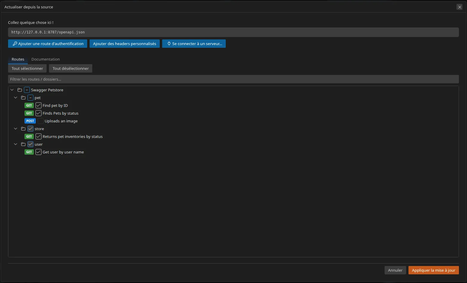 L'assistant de resynchronisation, sur son onglet Routes : les opérations déjà présentes sont verrouillées et cochées, la seule nouvelle opération est sélectionnable, et le bouton de validation affiche « Apply update (1) »