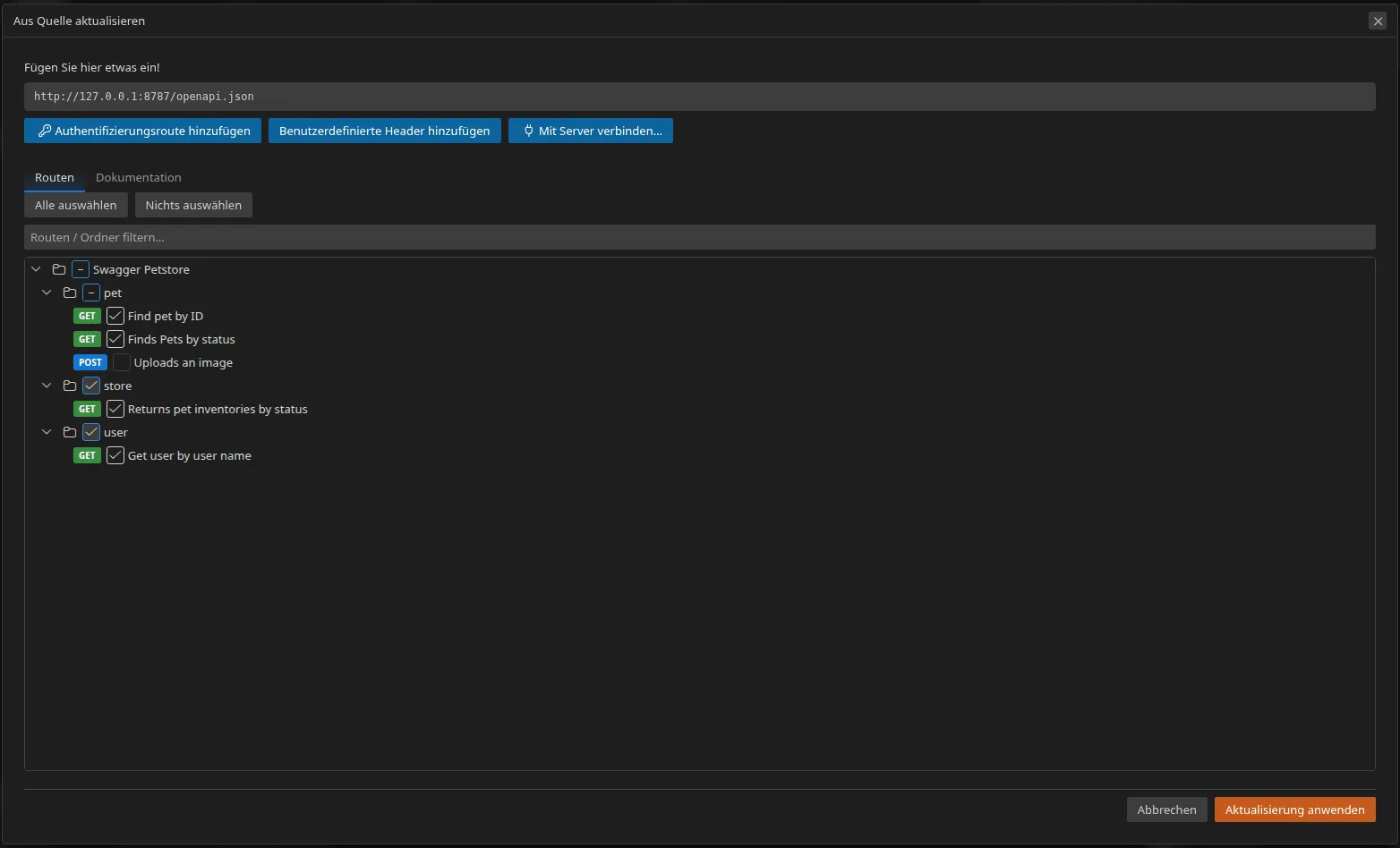 Der Resynchronisationsassistent auf seinem Tab Routes: die bereits vorhandenen Operationen sind gesperrt und angehakt, nur die neue Operation ist auswählbar, und die Bestätigungsschaltfläche zeigt „Apply update (1)“ an