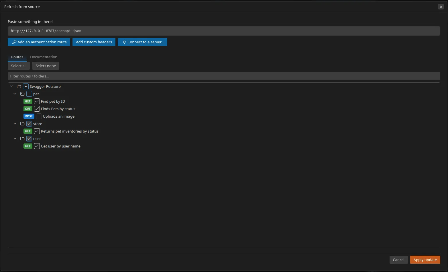 The re-sync wizard, on its Routes tab: the operations already present are locked and ticked, the one new operation is selectable, and the confirm button reads "Apply update (1)"