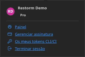 O menu do botão Conta, com a sessão iniciada: o nome do titular, a sua edição e depois as entradas “Painel”, “Gerir a minha subscrição” e “Terminar sessão”