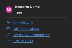 Tili-painikkeen valikko kirjautuneena: haltijan nimi, editio ja valinnat ”Hallintapaneeli”, ”Hallitse tilaustani” ja ”Kirjaudu ulos”