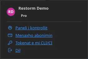 Menuja e butonit Llogaria, në gjendje të lidhur: emri i titullarit, botimi i tij, pastaj zërat «Paneli», «Menaxho abonimin tim» dhe «Shkëputu»