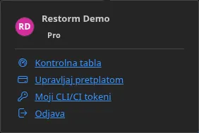 Meni dugmeta Nalog, u prijavljenom stanju: ime nosioca, njegovo izdanje, pa stavke „Kontrolna tabla”, „Upravljaj pretplatom” i „Odjava”