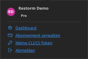 Das Menü der Schaltfläche „Konto“ im angemeldeten Zustand: der Name des Inhabers, seine Edition, dann die Einträge „Dashboard“, „Abonnement verwalten“ und „Abmelden“