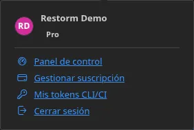 El menú del botón Cuenta, conectado: el nombre del titular, su edición y después las entradas «Panel de control», «Gestionar mi suscripción» y «Cerrar sesión»