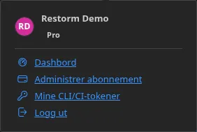 Menyen til Konto-knappen i innlogget tilstand: navnet på innehaveren, utgaven hans, og deretter oppføringene «Dashbord», «Administrer abonnement» og «Logg ut»