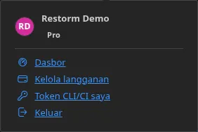 Menu tombol Akun dalam keadaan masuk: nama pemiliknya, edisinya, lalu entri “Dasbor”, “Kelola langganan saya”, dan “Keluar”