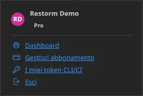 Il menu del pulsante Account, con accesso effettuato: il nome del titolare, la sua edizione, poi le voci «Pannello di controllo», «Gestisci il mio abbonamento» ed «Esci»