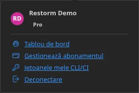 Meniul butonului Cont, în stare conectată: numele titularului, ediția sa, apoi intrările „Tablou de bord”, „Gestionează abonamentul” și „Deconectare”