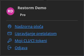 Izbornik gumba Račun, u prijavljenom stanju: ime nositelja, njegovo izdanje, pa stavke „Nadzorna ploča”, „Upravljaj pretplatom” i „Odjava”