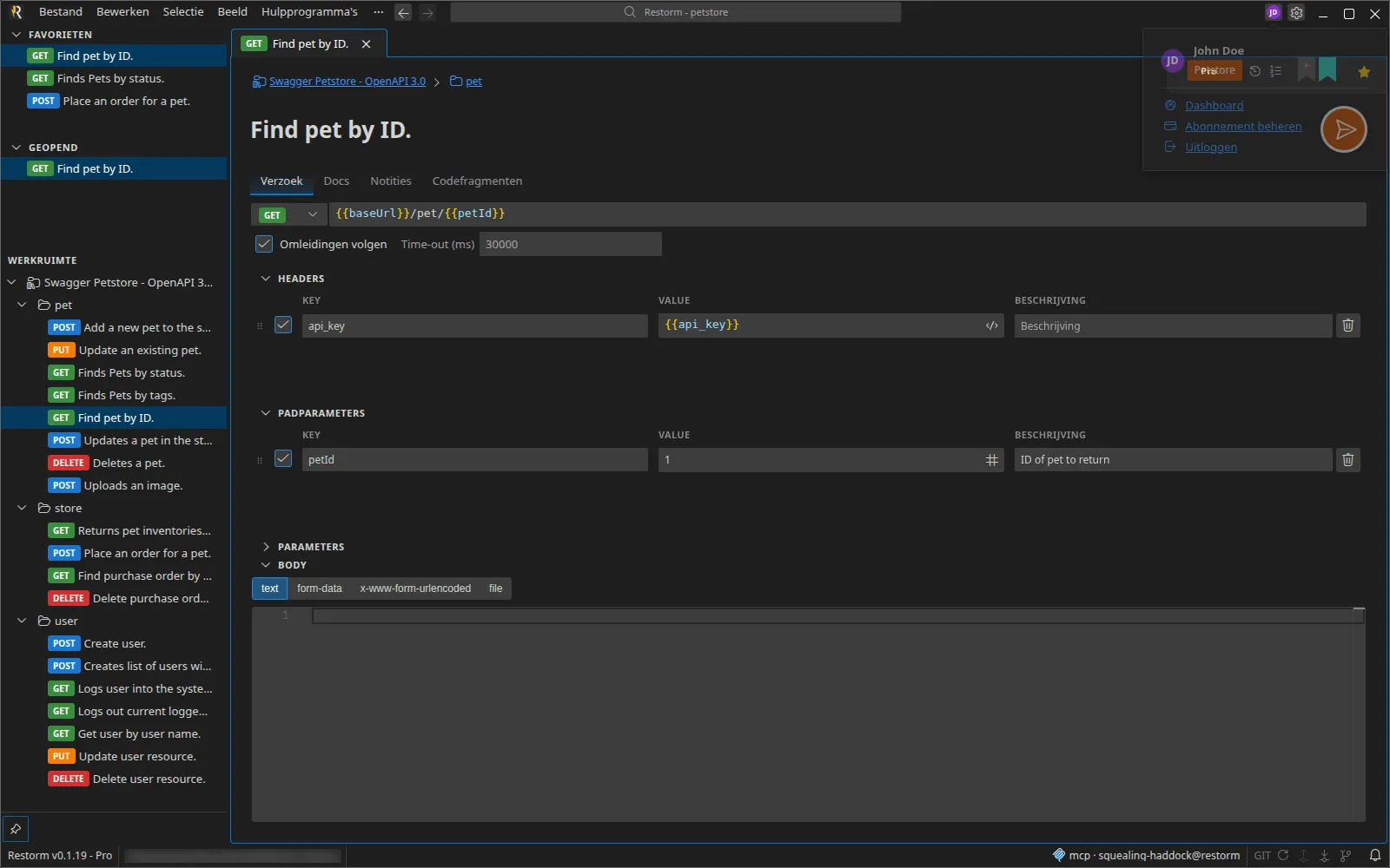 Het menu van de knop Account in aangemelde toestand: de naam van de houder, zijn editie, en daarna de items “Dashboard”, “Mijn abonnement beheren” en “Afmelden”