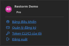 Menu của nút Tài khoản khi đã đăng nhập: tên chủ tài khoản, bản phát hành của họ, rồi các mục “Bảng điều khiển”, “Quản lý đăng ký” và “Đăng xuất”