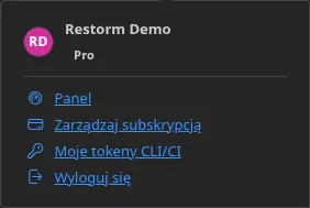 Menu przycisku Konto w stanie zalogowanym: nazwa właściciela konta, jego edycja, a następnie wpisy „Panel”, „Zarządzaj subskrypcją” i „Wyloguj się”