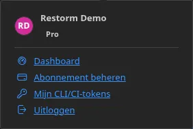 Het menu van de knop Account in aangemelde toestand: de naam van de houder, zijn editie, en daarna de items “Dashboard”, “Mijn abonnement beheren” en “Afmelden”