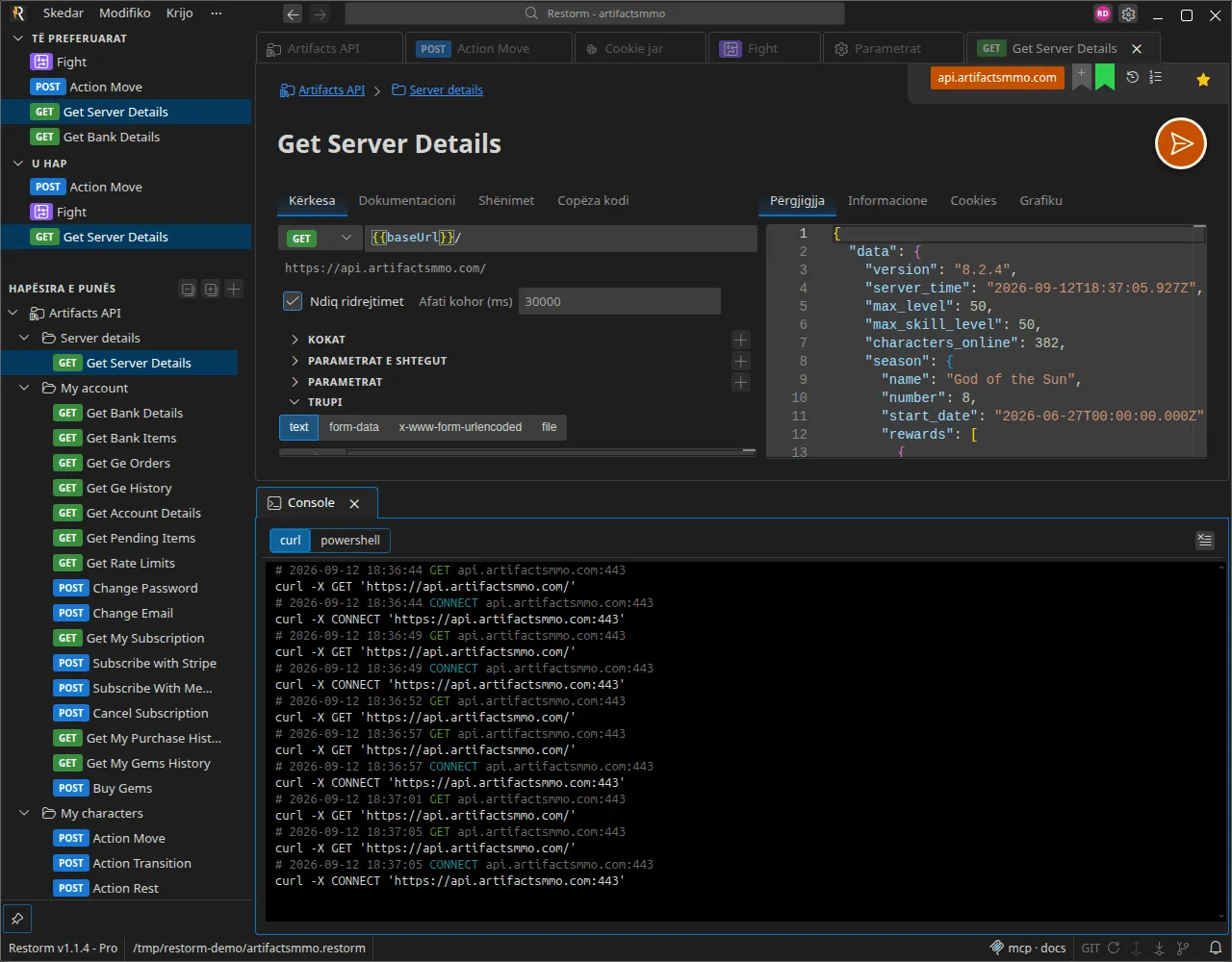 Konsola me disa thirrje të kapura, secila e paraqitur si komandë curl, dhe zgjedhësi curl / powershell