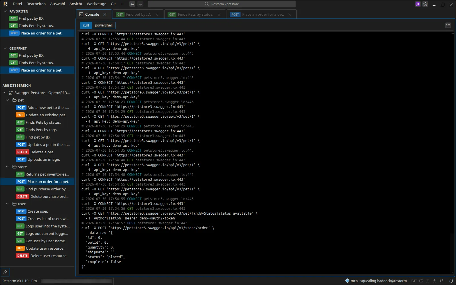 Die Konsole mit mehreren erfassten Aufrufen, jeder als curl-Befehl dargestellt, und dem Umschalter curl / powershell