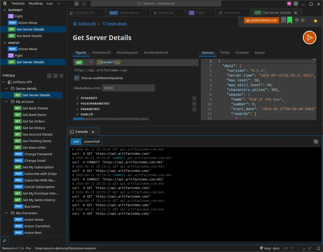 Konsoli, jossa on useita kaapattuja kutsuja curl-komennoiksi muunnettuina sekä curl / powershell -valitsin
