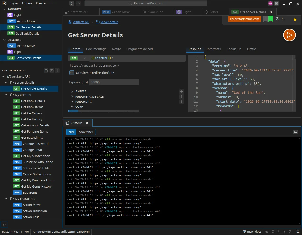Consola cu mai multe apeluri capturate, fiecare redat ca o comandă curl, și selectorul curl / powershell