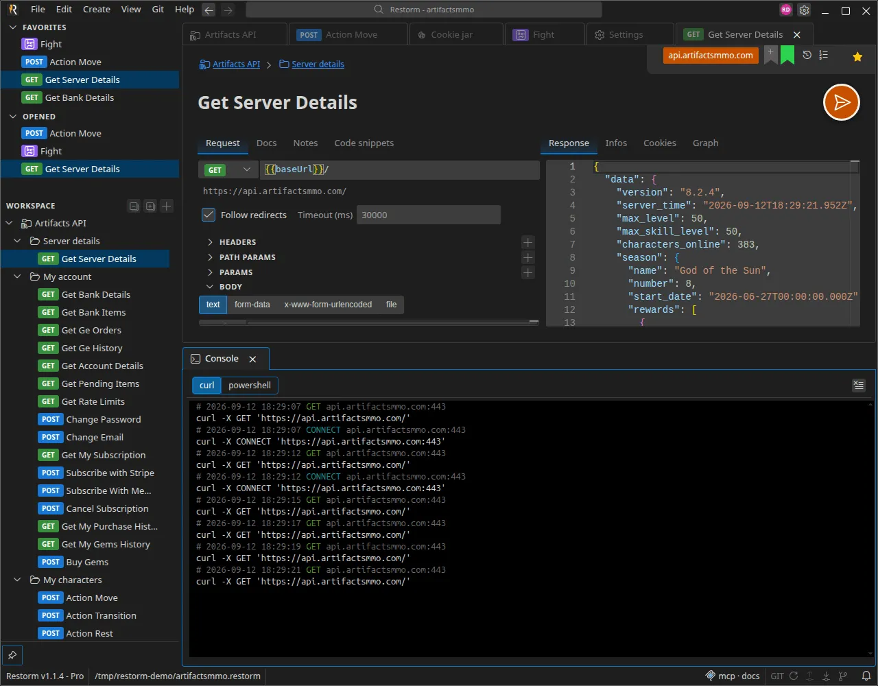 The console with several captured calls, each rendered as a curl command, and the curl / powershell selector