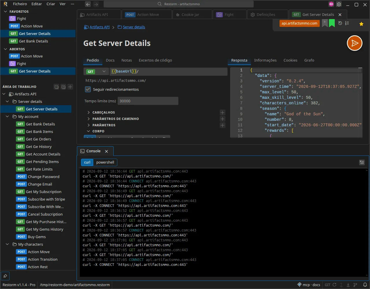 A consola com várias chamadas capturadas, cada uma apresentada como comando curl, e o seletor curl / powershell