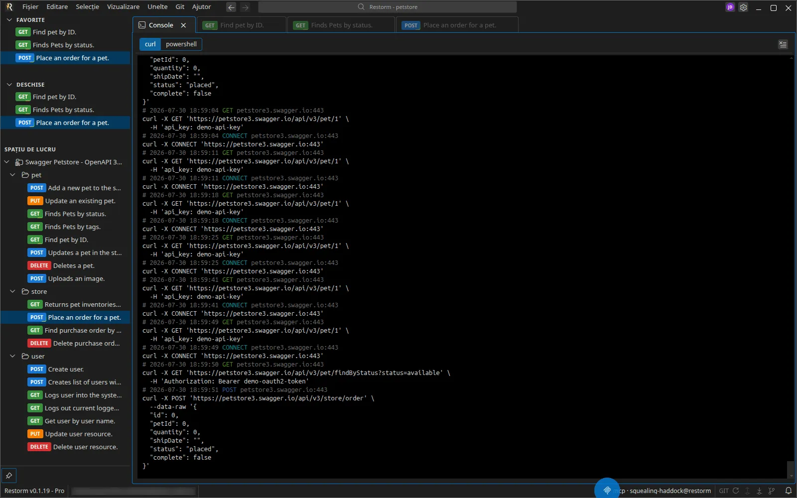 Consola cu mai multe apeluri capturate, fiecare redat ca o comandă curl, și selectorul curl / powershell
