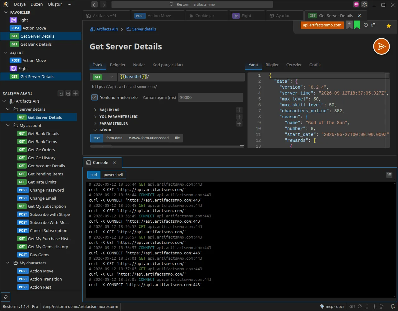 Yakalanmış birkaç çağrı içeren konsol; her biri curl komutu olarak işlenmiş, yanında curl / powershell seçici