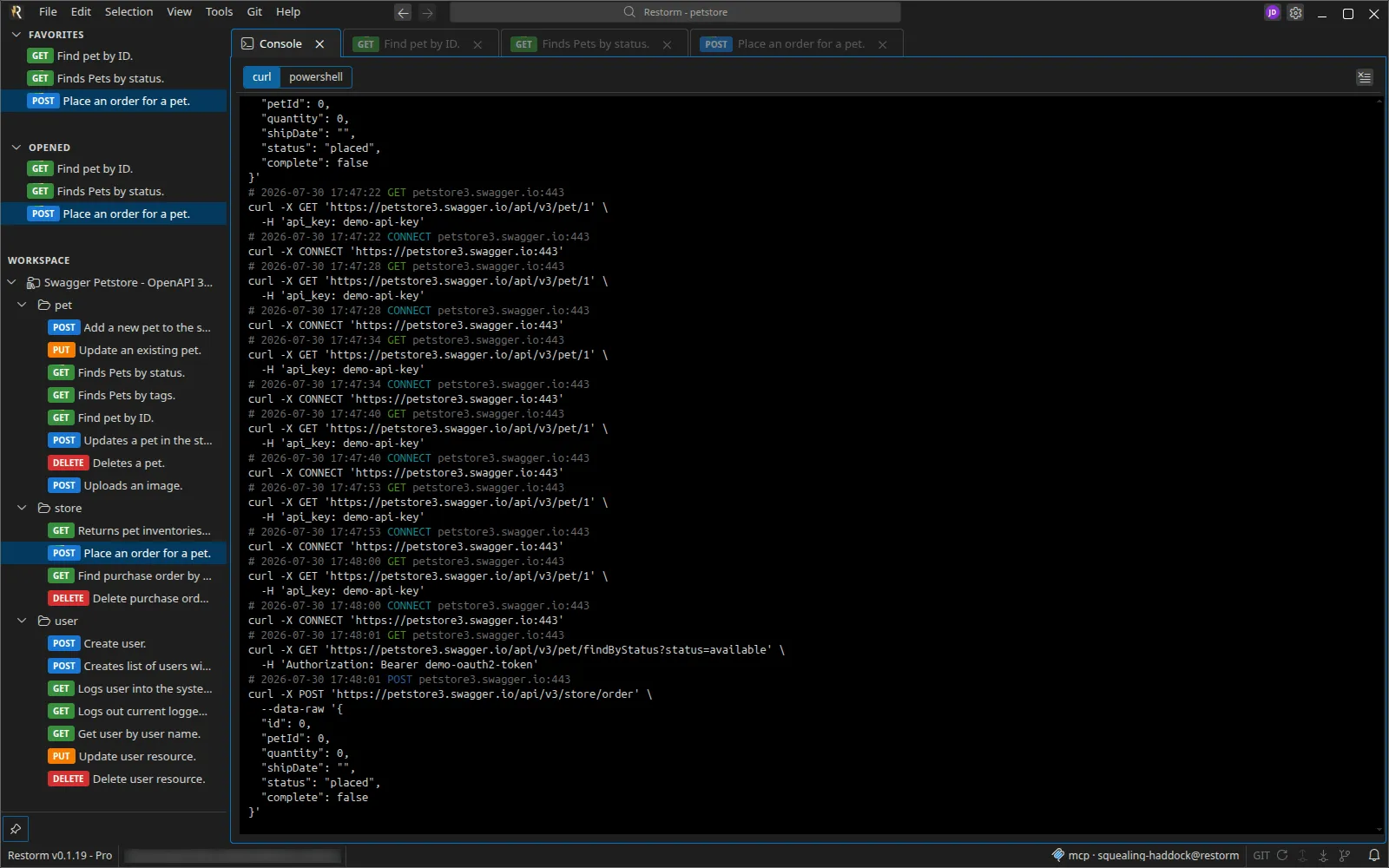 The console with several captured calls, each rendered as a curl command, and the curl / powershell selector