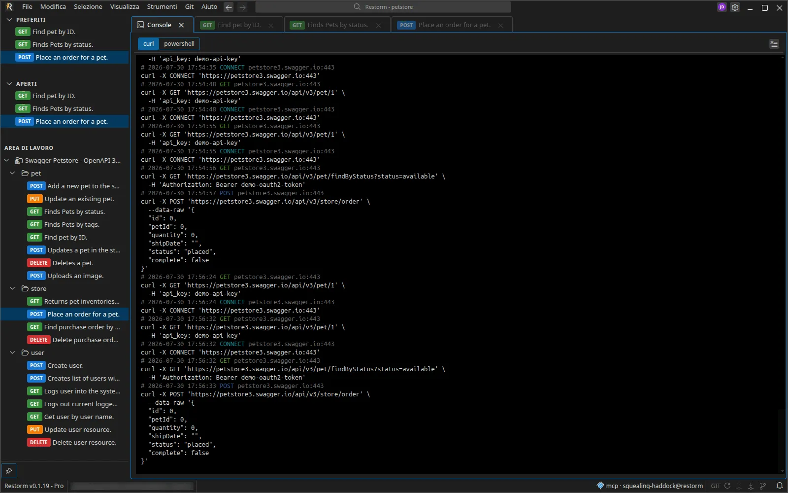 La console con diverse chiamate catturate, ciascuna resa come comando curl, e il selettore curl / powershell