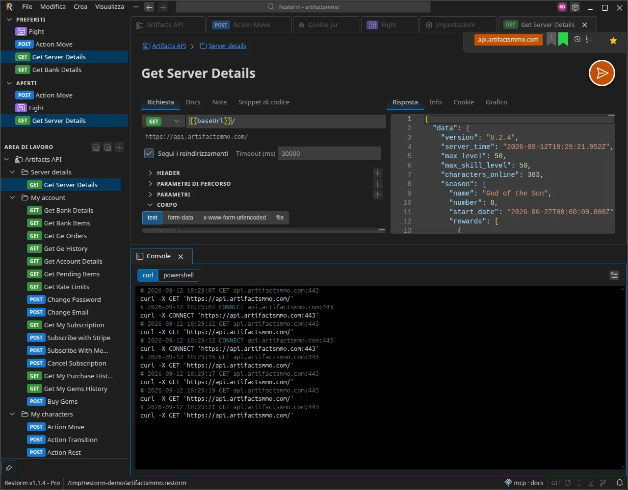 La console con diverse chiamate catturate, ciascuna resa come comando curl, e il selettore curl / powershell