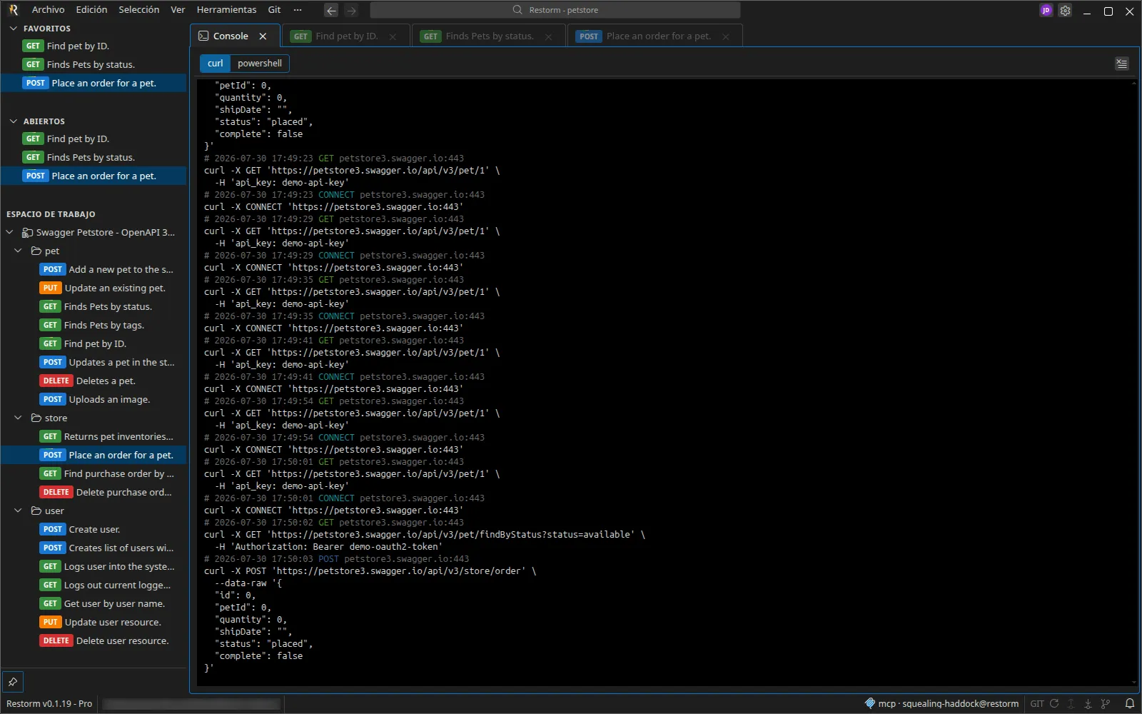 La consola con varias llamadas capturadas, cada una representada como comando curl, y el selector curl / powershell