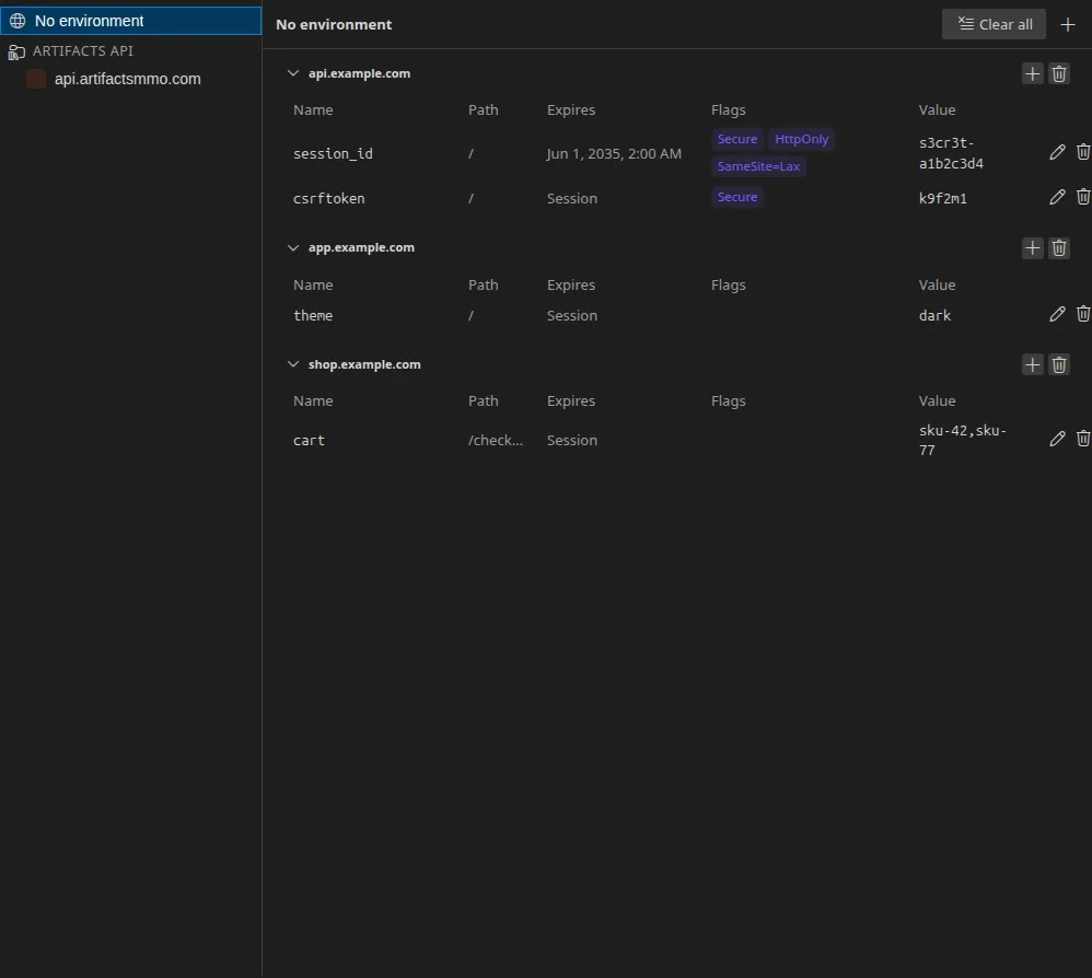 The Cookie jar workbench tab: the environment tree on the left, and on the right the stored cookies grouped by domain in collapsible panes