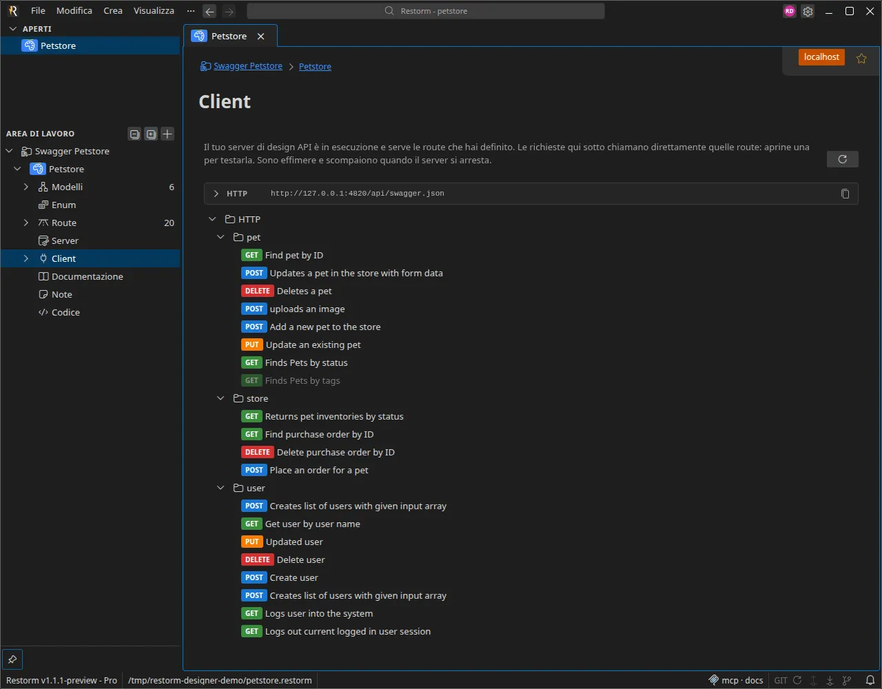 La sezione Client: richieste generate, una per protocollo servito, che chiamano il mock in esecuzione