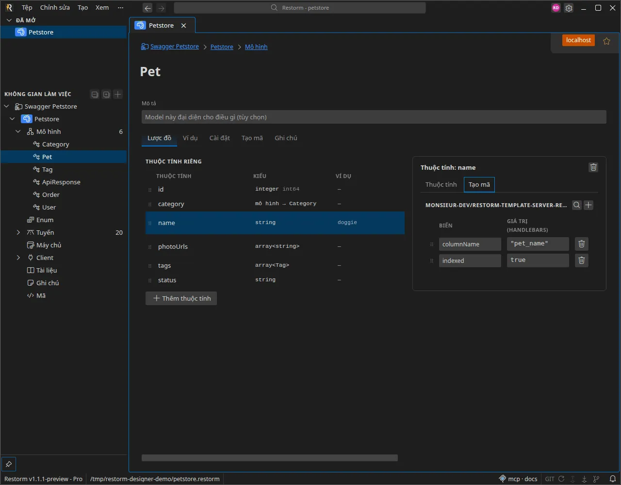 Tab Code generation của một thuộc tính: các cờ và biến của nó được template đọc