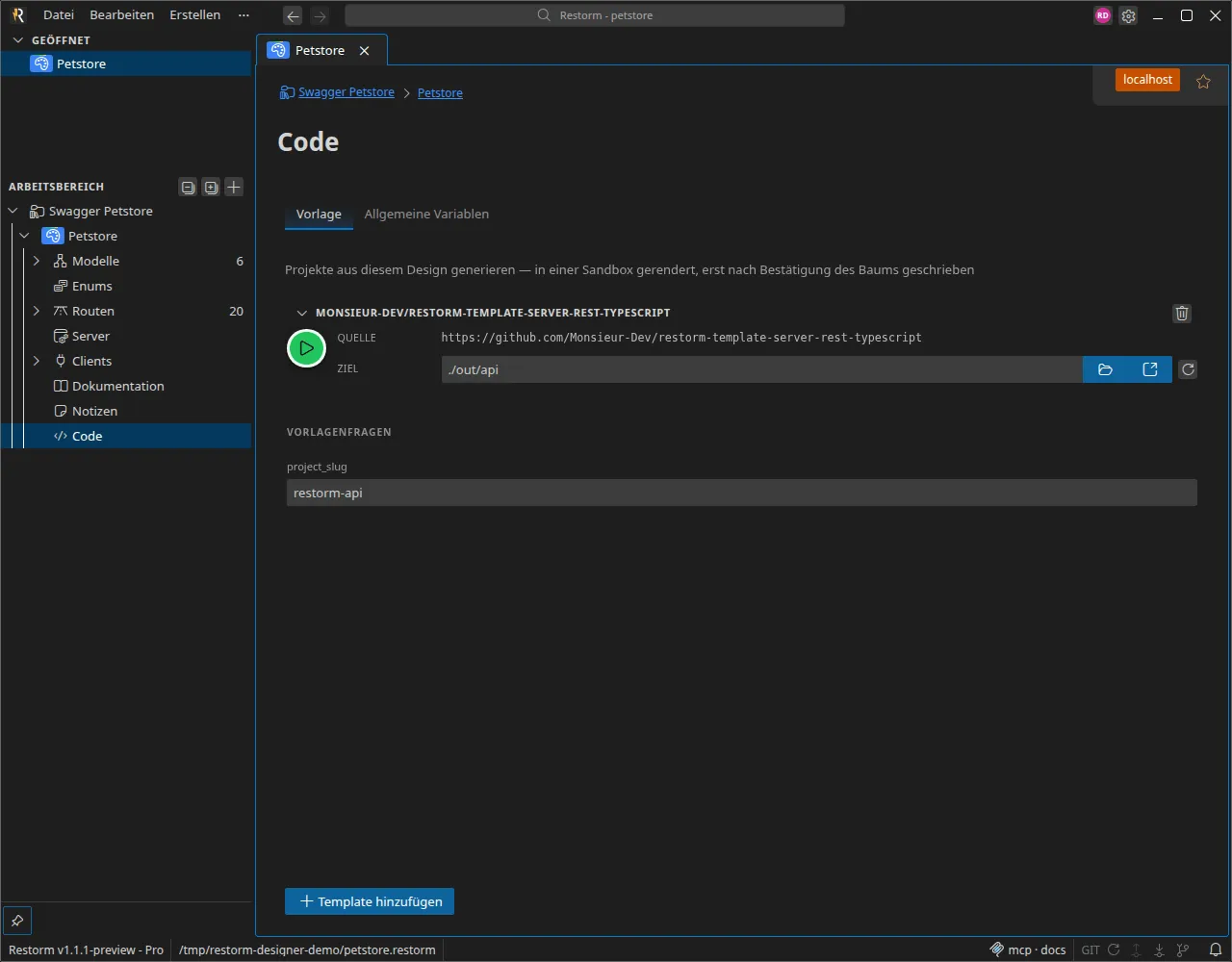 Der Bereich Code: ein hinzugefügtes Template, ein Ausgabeordner und die Vorschau des generierten Dateibaums vor dem Schreiben