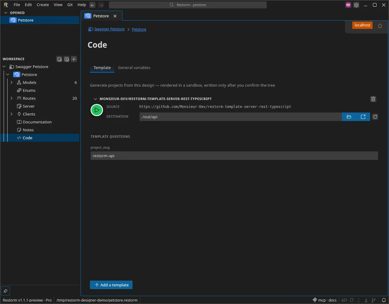 The Code section: a template added, an output folder and the preview of the generated tree before writing