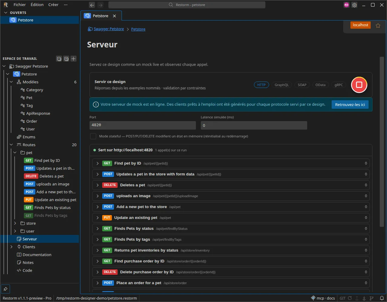 La section Serveur : le design en cours d'écoute sur un port, avec les protocoles projetés et le compteur d'appels