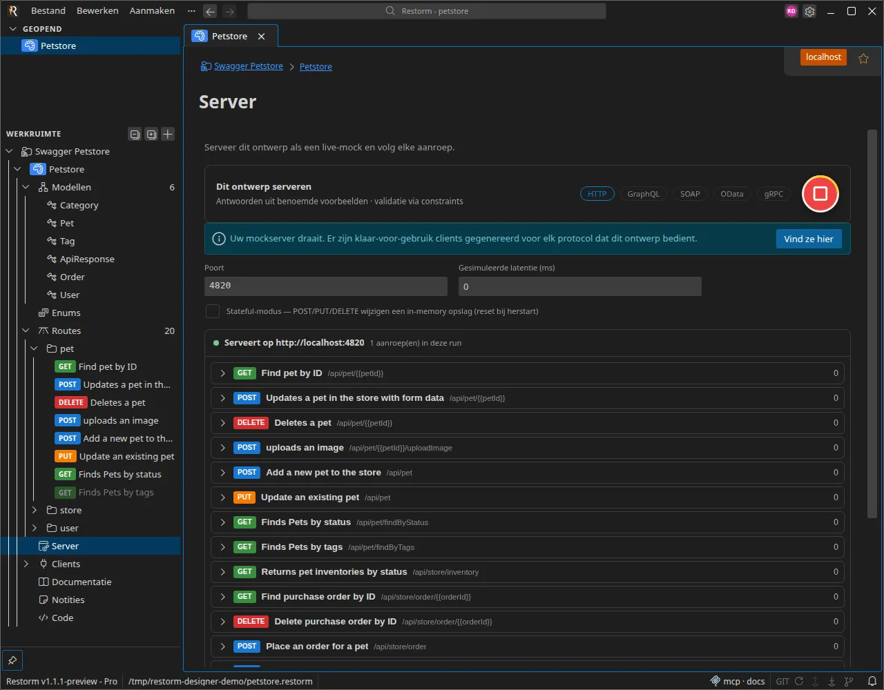 De sectie Server: het ontwerp dat luistert op een poort, met de geprojecteerde protocollen en de aanroepteller