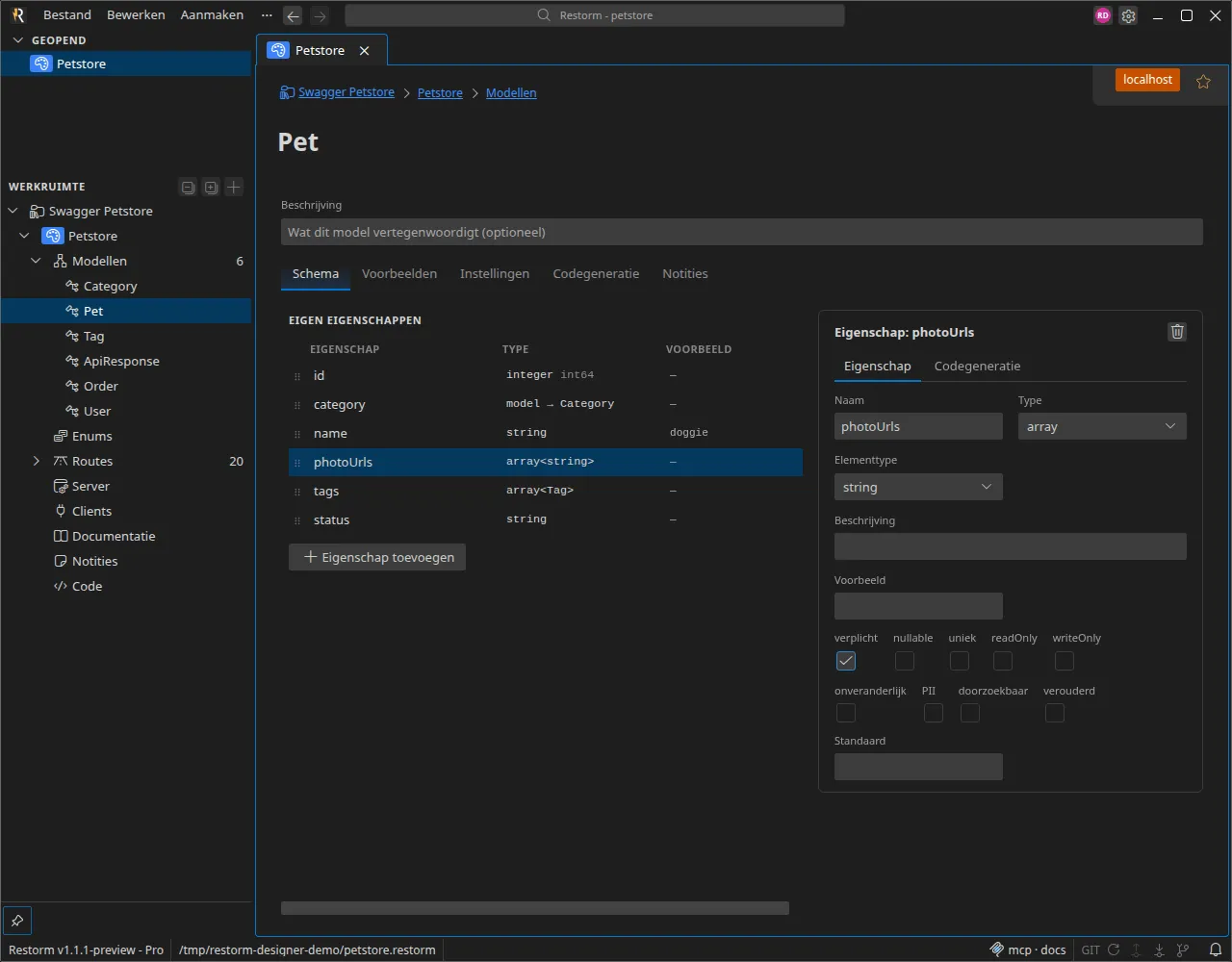 Overzicht van de API-designer: de zijbalk toont de modellen, enums, routes, de server, de clients en de code