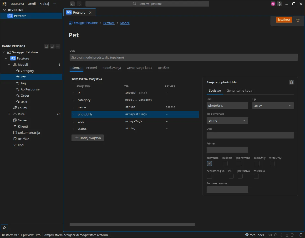 Pregled dizajnera API-ja: bočna traka prikazuje modele, enume, rute, server, klijente i kod