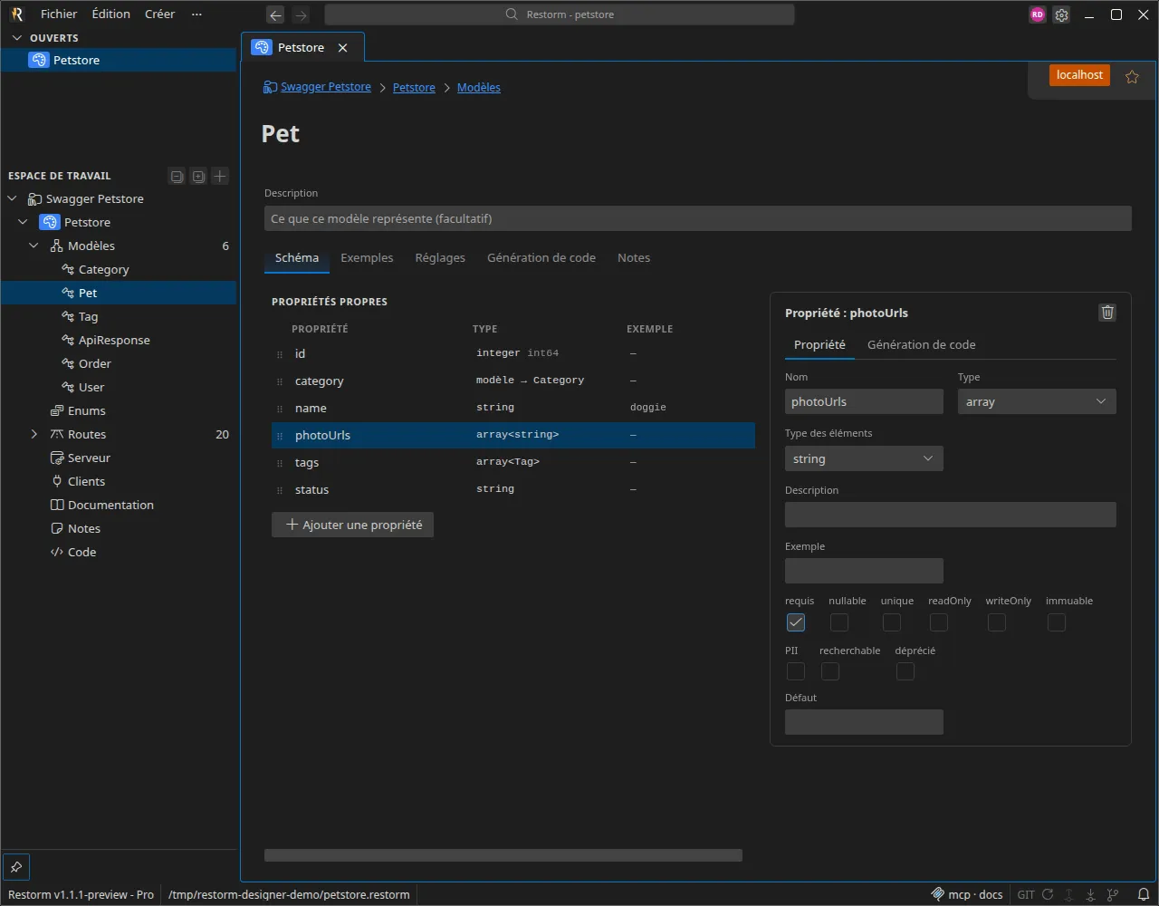 Vue d'ensemble du designer d'API : la barre latérale liste les modèles, enums, routes, le serveur, les clients et le code