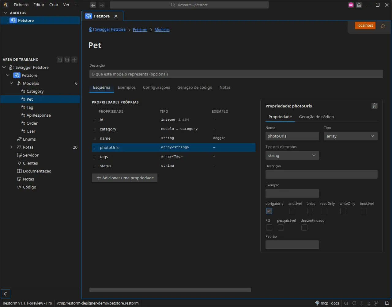 Visão geral do designer de API: a barra lateral lista os modelos, enums, rotas, o servidor, os clientes e o código