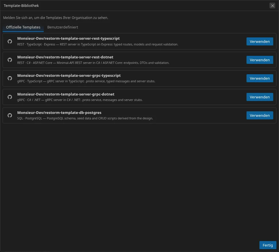 Die Template-Bibliothek: die offiziellen, kürzlich verwendeten und benutzerdefinierten Templates