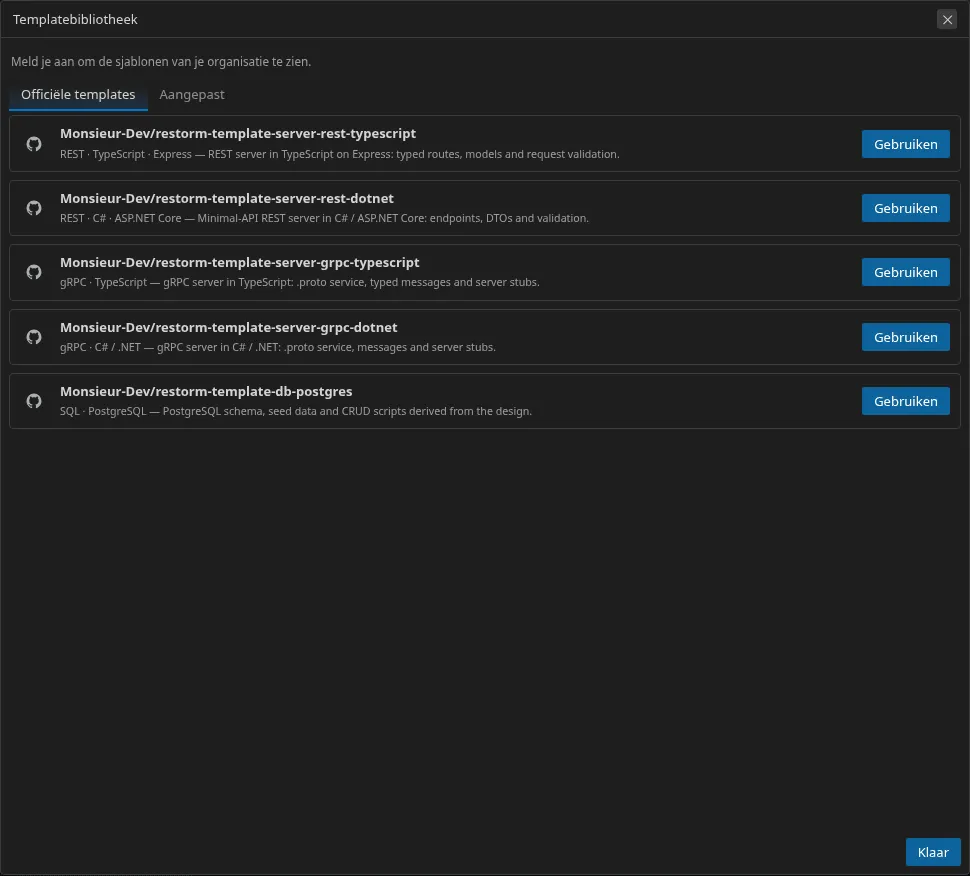 De templatebibliotheek: de officiële, recent gebruikte en aangepaste templates