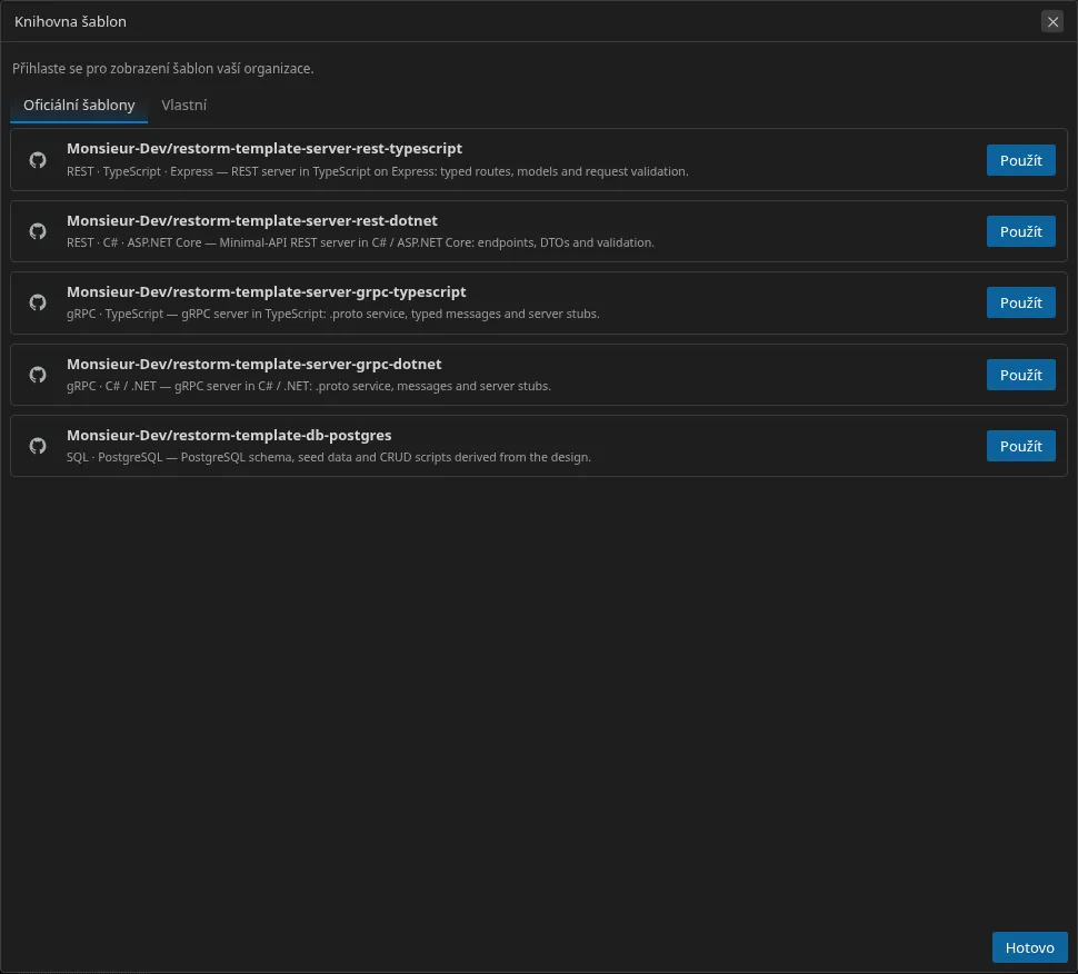 Knihovna šablon: oficiální, nedávno použité a vlastní šablony