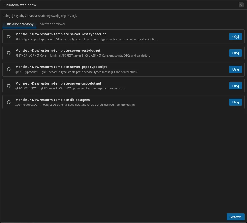 Biblioteka szablonów: szablony oficjalne, ostatnio używane i niestandardowe
